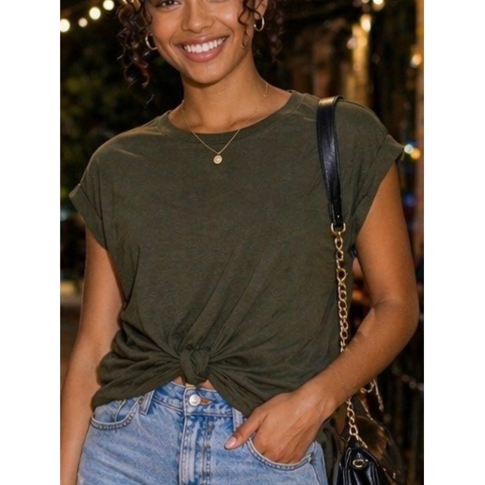 FRAME Womens Twist Front Tee Green Medium 100% Cotton Olive Corpcore Cropped